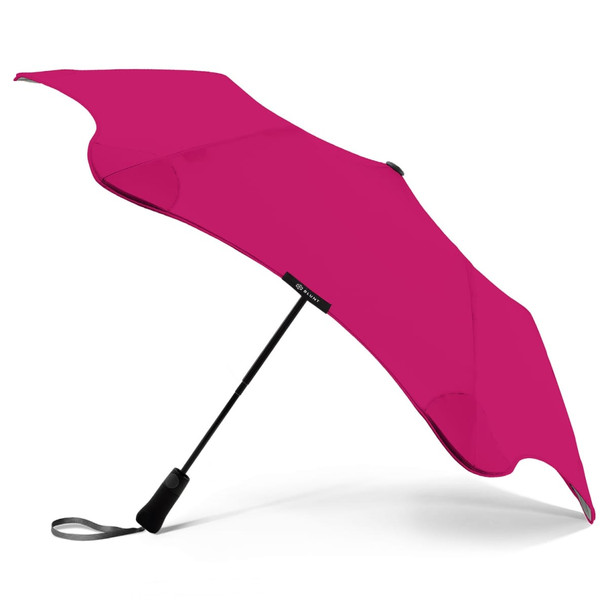 A fuchsia BLUNT Metro Umbrella with a sleek design and a black handle. It features a logo on the shaft. A fuchsia BLUNT Metro Umbrella with a sleek design and a black handle. It features a logo on the shaft.