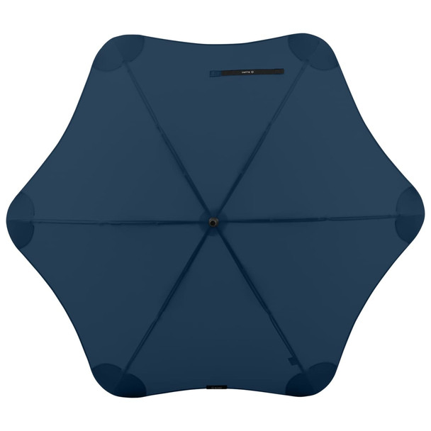 A navy blue BLUNT Coupe Umbrella with a unique star-shaped canopy design and a logo on the handle.