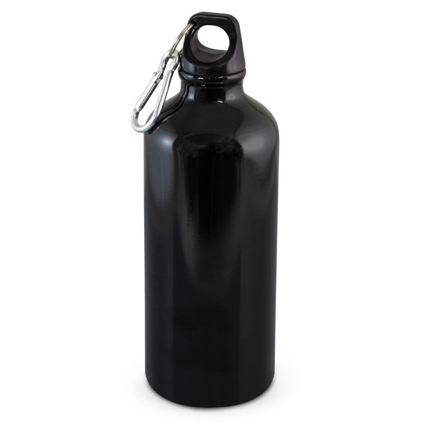 A drink bottle in glossy black, featuring a detachable clip for easy carrying. It has a smooth, rounded shape.