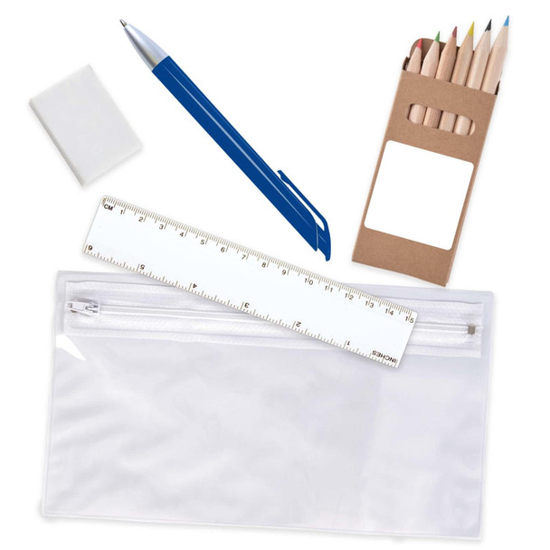 A pencil case containing colored pencils, a ruler, an eraser, and a blue pen.