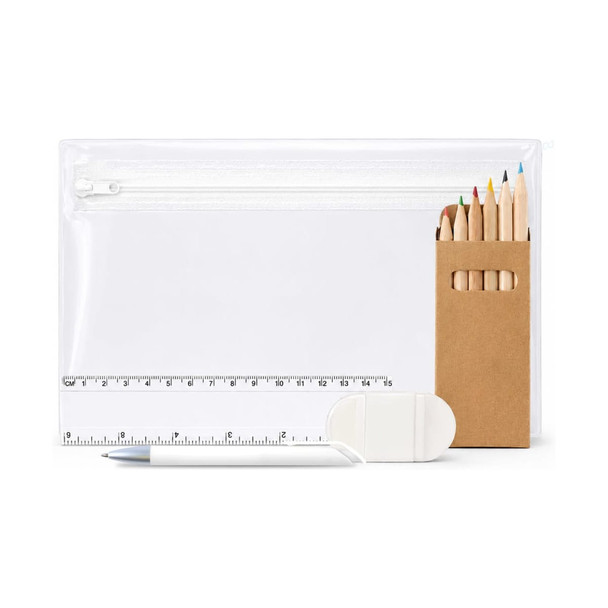 A clear pencil case containing coloured pencils, a white pen, an eraser, and a ruler.