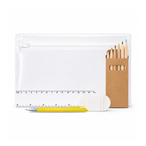 A clear pencil case containing eight coloured pencils, a ruler, an eraser, and a yellow pen. The case features a zip closure.