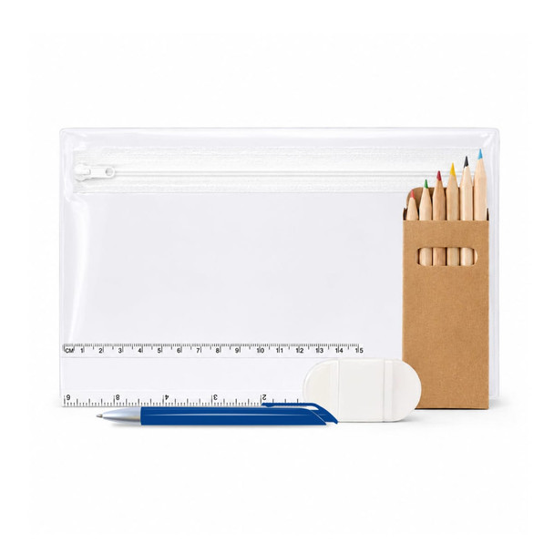 A clear pencil case containing coloured pencils, a blue pen, a ruler, and an eraser. All items are arranged neatly.
