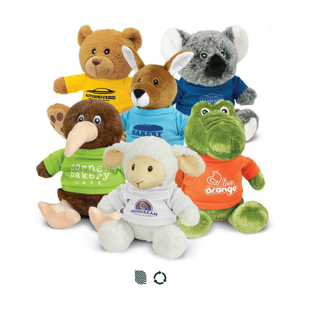 A collection of assorted plush toys in various colours, featuring a bear, koala, kangaroo, kiwi, sheep, and crocodile.