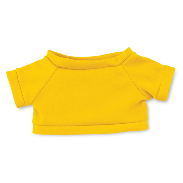 A yellow plush toy shirt with short sleeves and a round neckline, featuring a simple design.