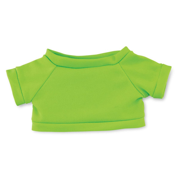 A bright green plush toy top, featuring short sleeves and a rounded neckline, perfect for dressing up toys.
