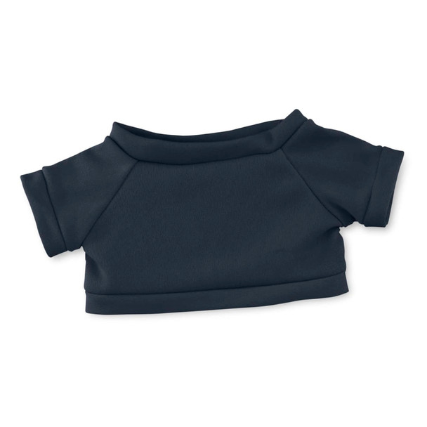 A navy blue plush toy shirt with short sleeves and a rounded neckline, featuring a simple design.