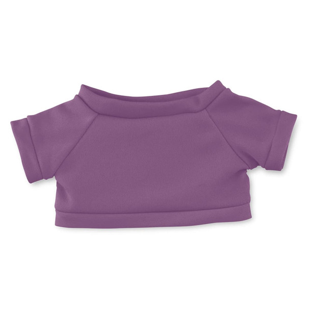 A purple plush toy outfit with short sleeves and a crew neck design, suitable for assorted plush toys.