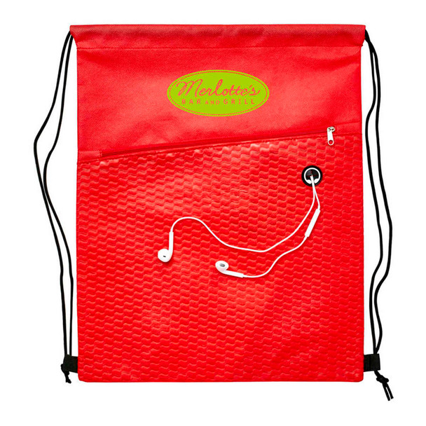 A red drawstring bag featuring a textured design and an exterior pocket with a headphone port. It has a logo on the front.