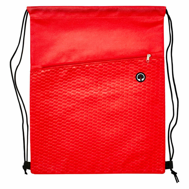 A red drawstring bag with a textured bottom and a zippered front pocket, featuring a logo.