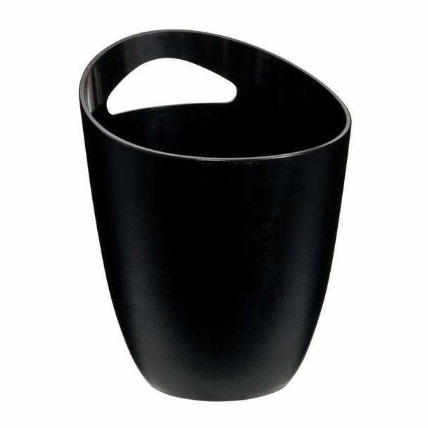 A black ice bucket with a curved handle and a sleek design, ideal for keeping drinks cool.