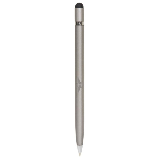 A sleek silver metal pen with a stylus tip, featuring a logo and a smooth finish.