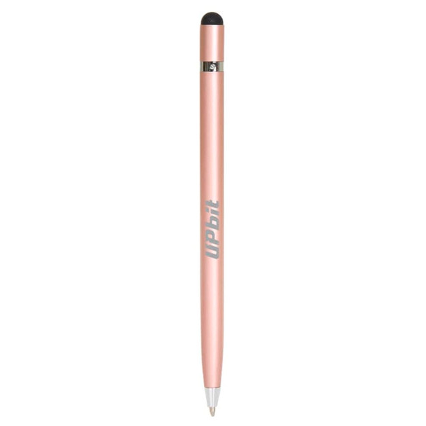 A metal pen in a rose gold colour with a stylus tip at one end and a branding logo. A metal pen in a rose gold colour with a stylus tip at one end and a branding logo.