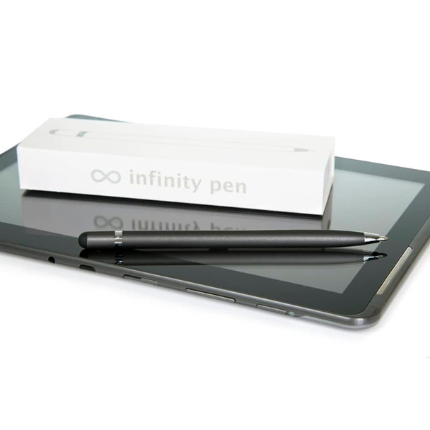 A sleek metal Infinity Pen in matte black, resting on a tablet, with its white packaging nearby. A sleek metal Infinity Pen in matte black, resting on a tablet, with its white packaging nearby.