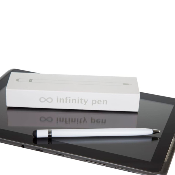 A white Infinity Pen rests on a tablet beside its white packaging, featuring a simple logo. A white Infinity Pen rests on a tablet beside its white packaging, featuring a simple logo.