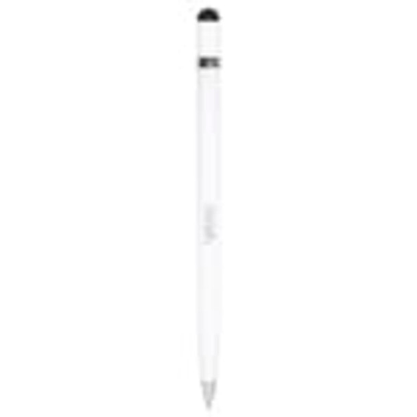 A white metal pen with a black tip and a logo on the body.