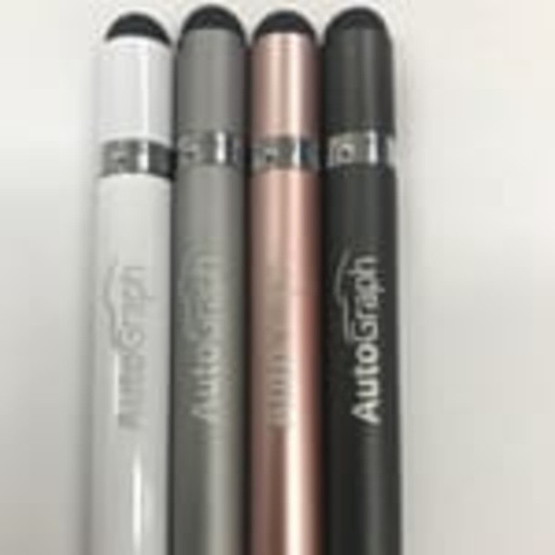 Four metal pens in silver, rose gold, grey, and black, featuring a logo on each pen.