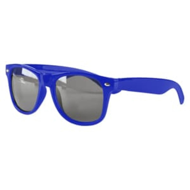 A pair of blue sunglasses with grey lenses and a logo on the side.