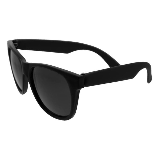 Retro sunglasses in matte black with dark lenses, featuring a smooth, sleek design and a branding logo on the side.