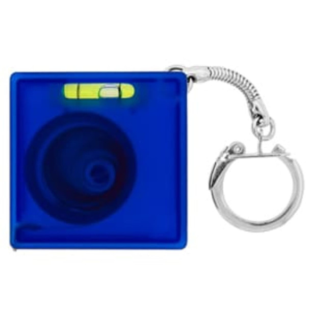 A blue tape measure with a built-in level, attached to a silver key chain. A blue tape measure with a built-in level, attached to a silver key chain.