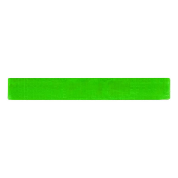 A reflective slap wristband in bright green, featuring a textured pattern. It has a logo on one side.