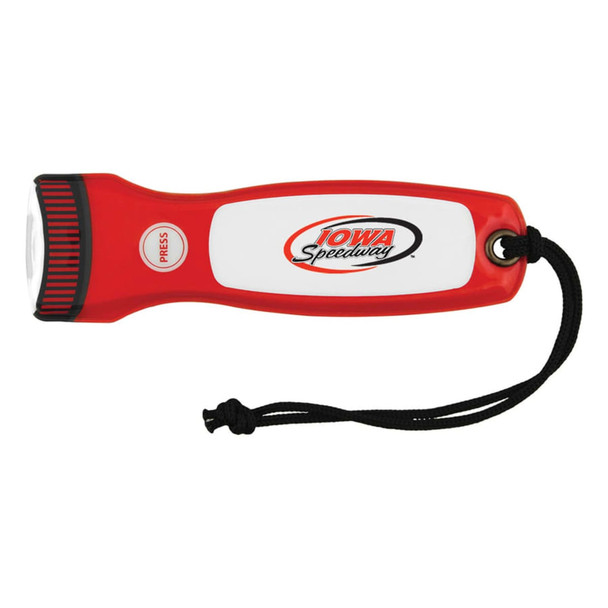 A red and white magnetic flashlight with a logo, featuring a textured grip and a wrist strap.