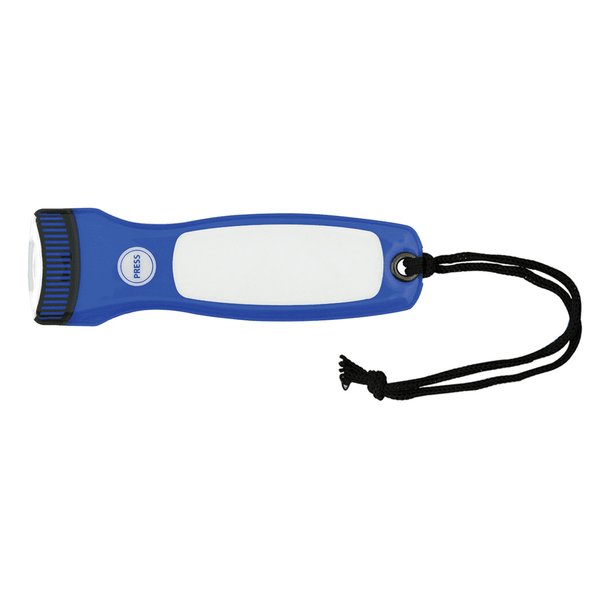 A blue magnetic flashlight with a white grip and a black cord for easy handling. Features a logo on the body.