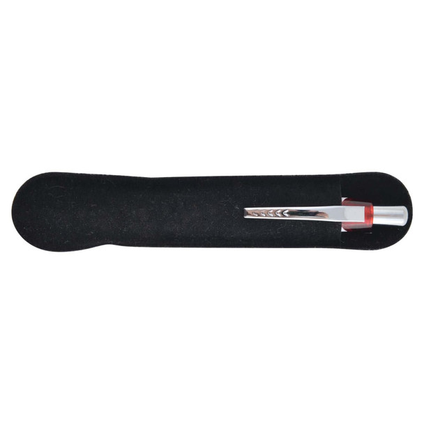 A plastic pen in a black felt case, featuring silver and red accents, with a logo on the pen.
