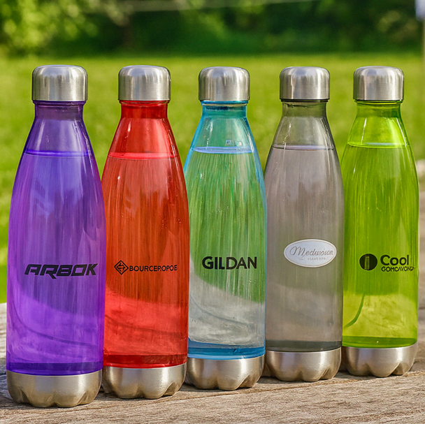 A drink bottle collection featuring five vibrant colours: purple, red, green, clear, and blue, with metallic caps.
