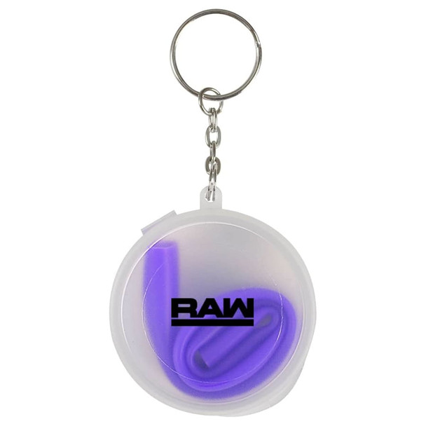 A keychain case containing a reusable purple silicone straw, with an attached metal keyring. The case has a logo.