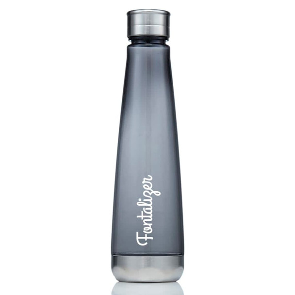 A drink bottle in a sleek grey design with a metallic top and a logo visible on the body.