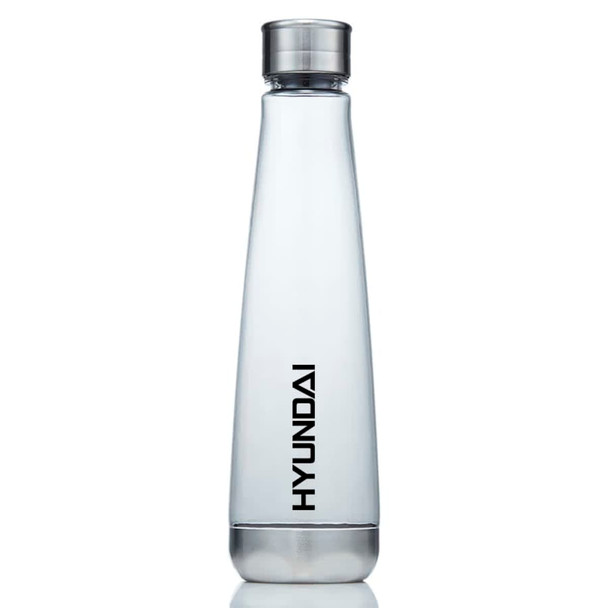 A drink bottle made of clear Tritan with a stainless steel cap and a branded logo on the side.