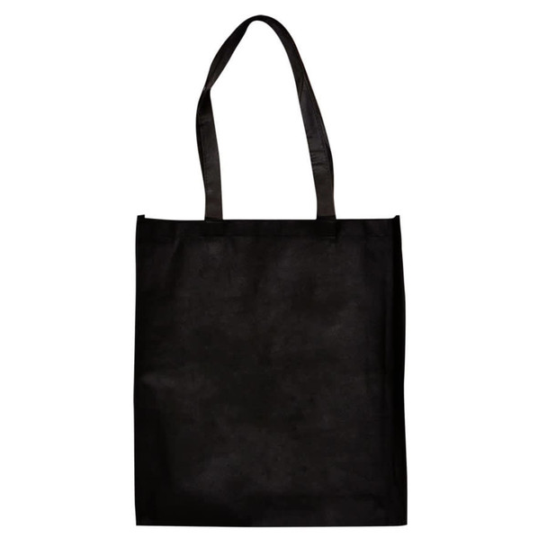 A large black shopping tote bag with gusset and long handles, featuring a logo.