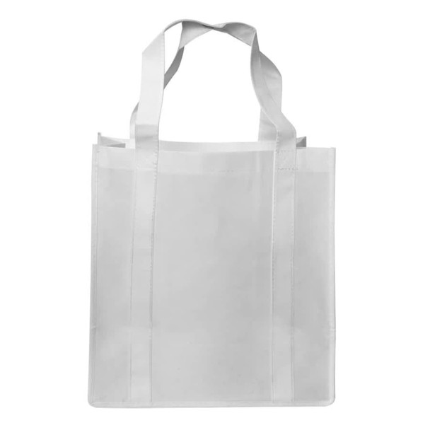 A white shopping tote bag with a gusset and two sturdy handles. It features a simple design with a logo.