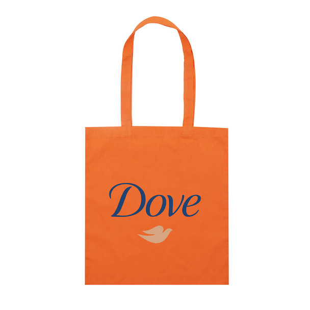 An orange tote bag featuring a logo and the word "Dove" in blue lettering. It has two handles for carrying.