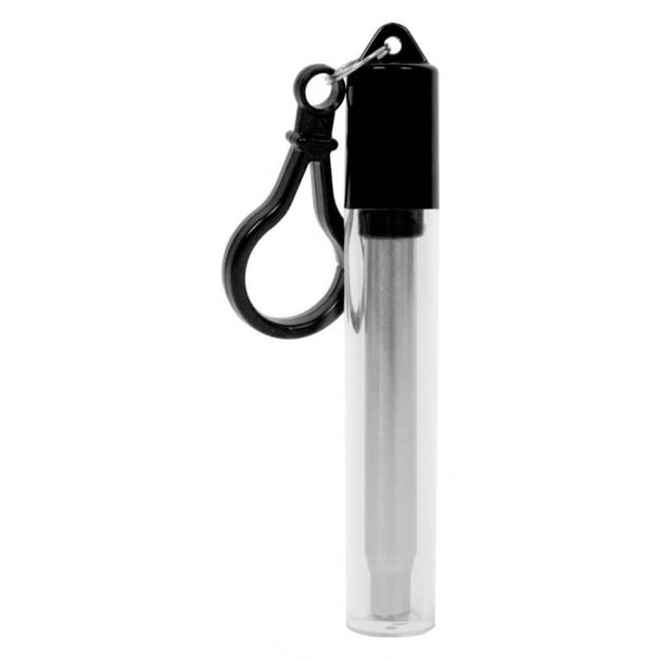 A stainless steel telescopic straw inside a transparent case with a black clip. A stainless steel telescopic straw inside a transparent case with a black clip.