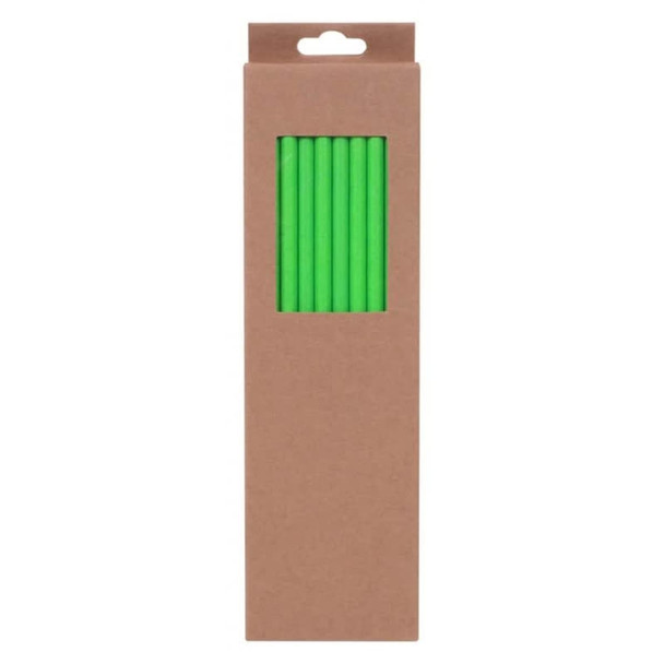 A pack of six bright green straws displayed in a cardboard box with a window. The box includes a logo. A pack of six bright green straws displayed in a cardboard box with a window. The box includes a logo.