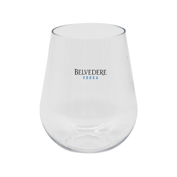 A stemless, shatterproof white wine glass in clear plastic featuring a logo.