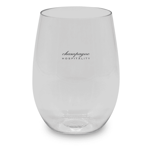 A stemless, shatterproof red wine glass in clear plastic with a logo. Suitable for outdoor use.
