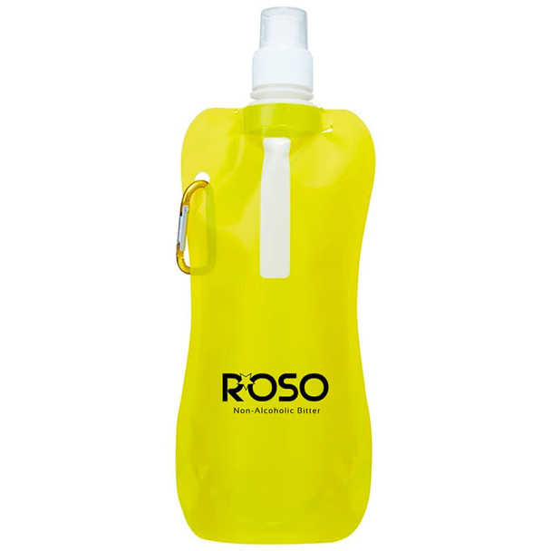 A drink bottle in bright yellow with a flexible design and a cap. It features a logo on the front.