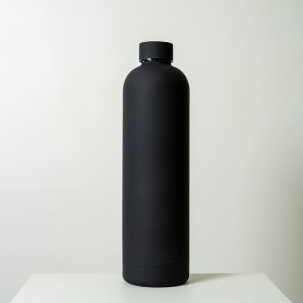 A drink bottle with a sleek black matte finish, featuring a cylindrical design and a screw-on cap.