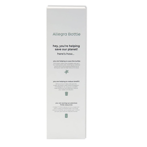 A drink bottle with a sleek design and a white exterior. It features a logo and is part of a sustainability initiative.