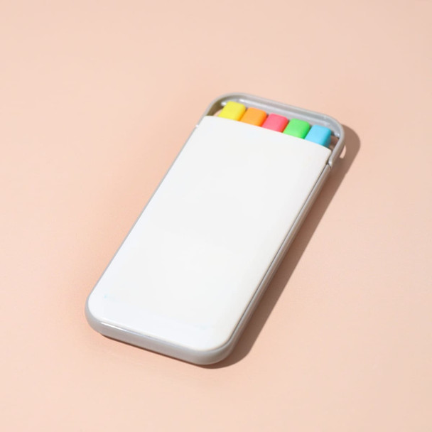 A highlighter set in a white case featuring pink, yellow, green, and blue highlighters, with a branding logo.
