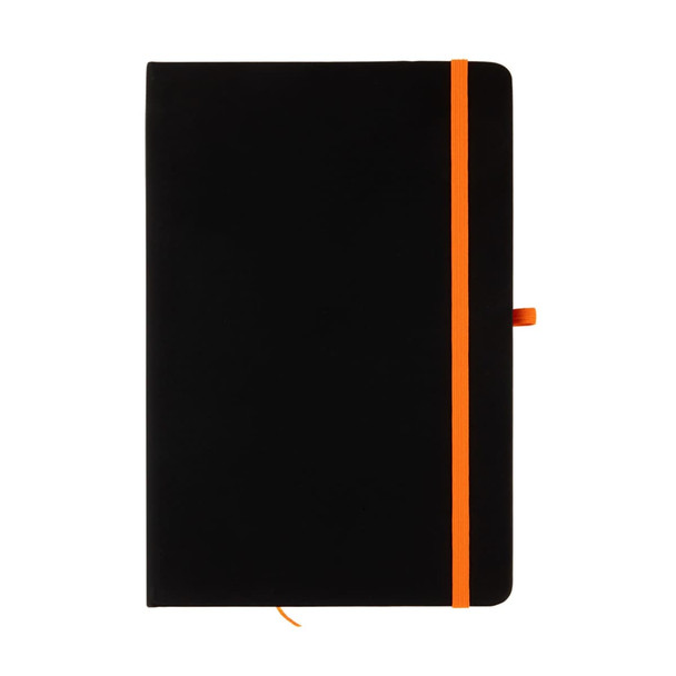 A black A5 notebook with an orange elastic band closure and bookmark.