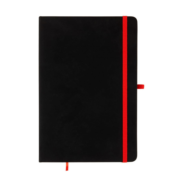 A Venture Supreme A5 Notebook with a sleek black cover and a vibrant red elastic band closure.