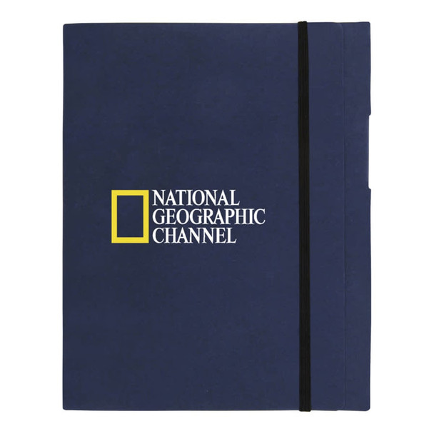 A large navy blue A5 journal book with an elastic band and front pocket, featuring a logo.