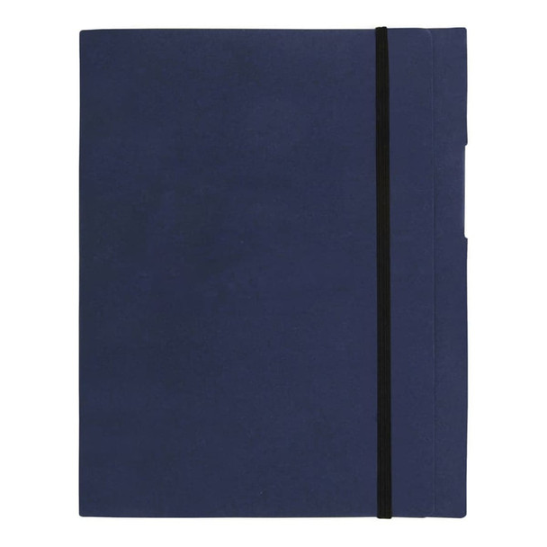 A navy blue Large Tuck A5 Journal Book with an elastic band and side pockets. It has a simple design and branding.