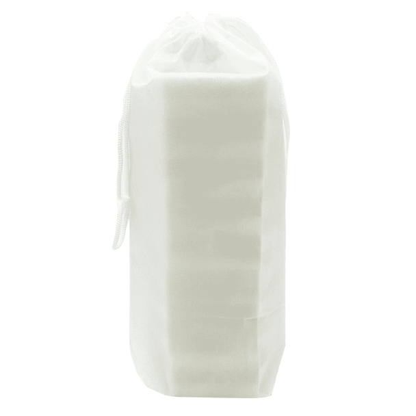 A white pouch containing a stacking puzzle set. The pouch is cinched at the top with a drawstring.