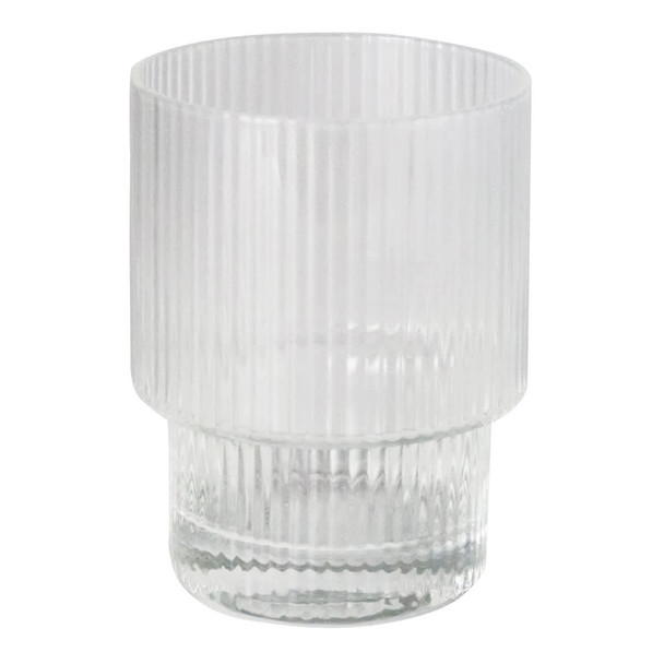 A ribbed clear glass tumbler with a curved base, designed for beverages, featuring a subtle logo.