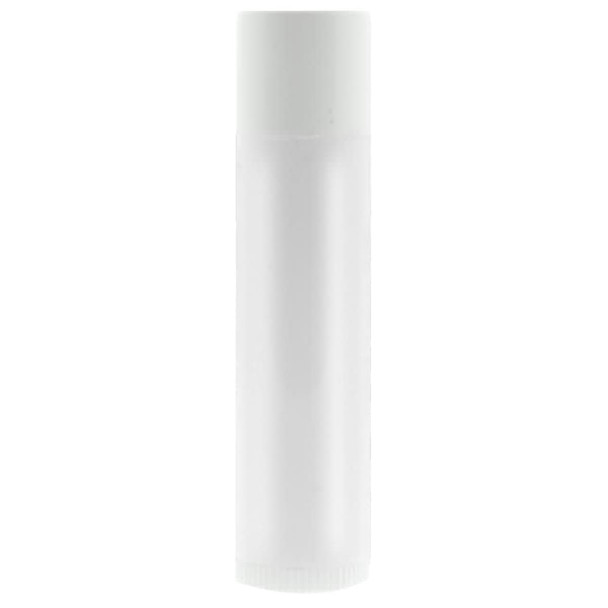 A clear lip balm container with a white cap, featuring a simple design and a visible branding logo.